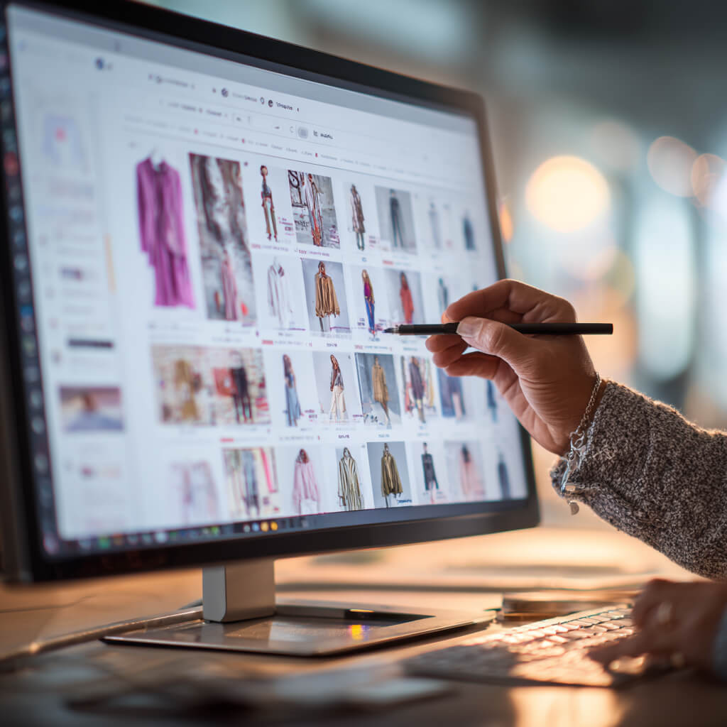 Person stöbert mit einem Stift auf einem Desktop-Bildschirm durch einen Online-Shop für Kleidung