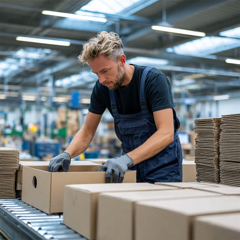 Mitarbeiter in einer Fabrik faltet Kartons auf einem Förderband; trägt blaue Latzhose und Handschuhe, Stapel aus Pappe daneben.