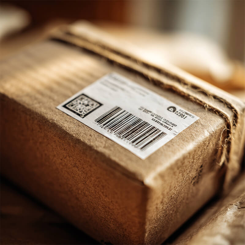 Nahaufnahme eines braunen Pakets, mit grobem Bindfaden umwickelt; Versandetikett mit deutlich sichtbarem Barcode.